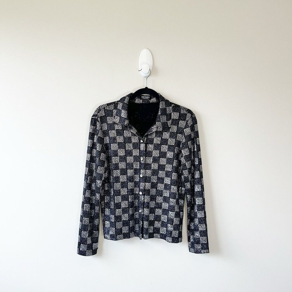Softwear Petites By Mark Singer Silver Navy Slinky Glitter Blouse Y2K Sz Medium